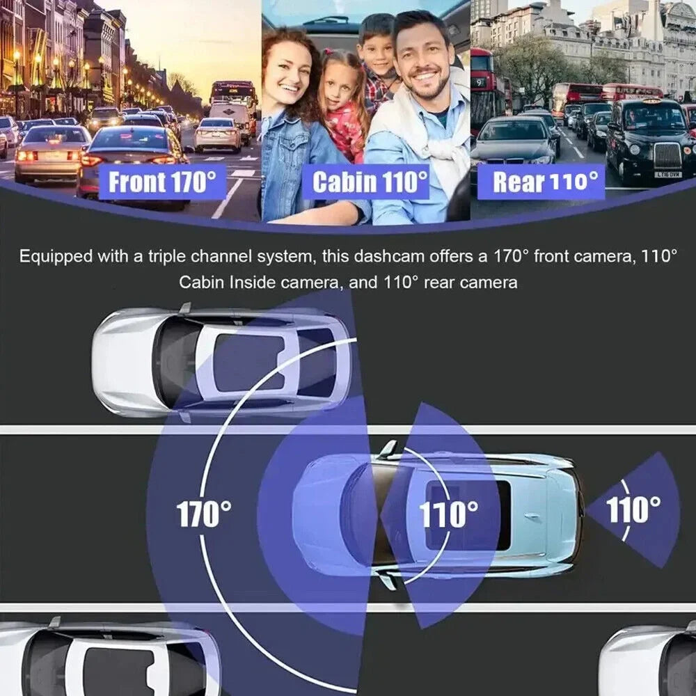 Paddsun HD 1080P Car Dual Lens Dash Cam Front/Rear/Inside Video Recorder Camera G-sensor