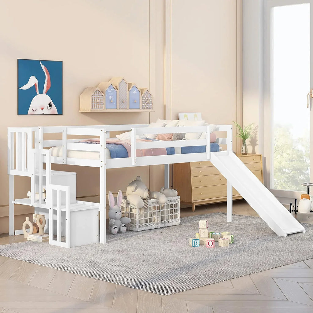 NLTBONNIE Harper &amp; Bright Designs Low Loft Bed with Slide and Wood Twin Size Loft Bed Frame with Stairs Safety Rail for Toddlers Teens No Box Spring Needed (White)