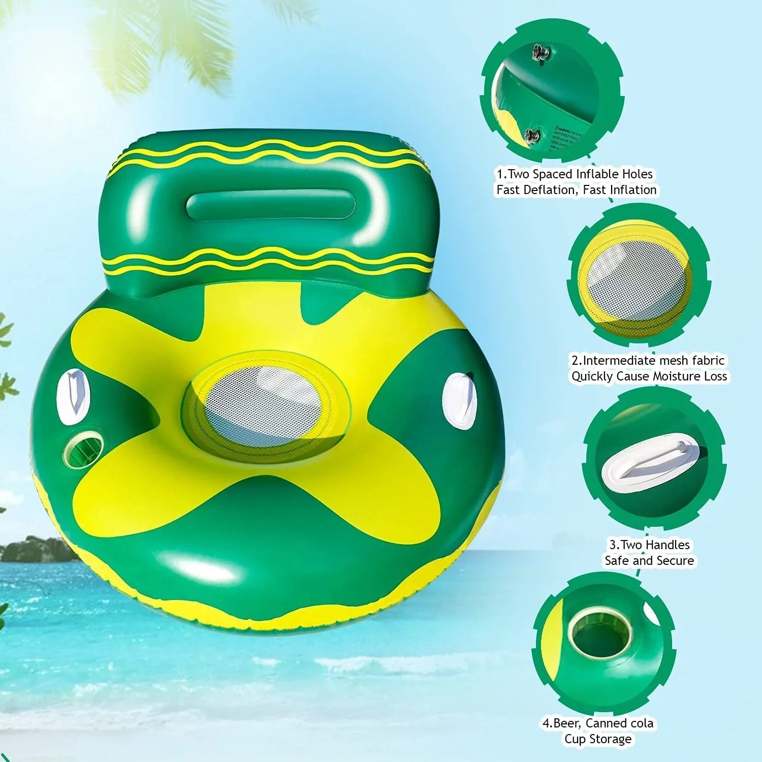 Harvio Two Handles Safe Pool Floating Chair for Adults -Green/Yellow