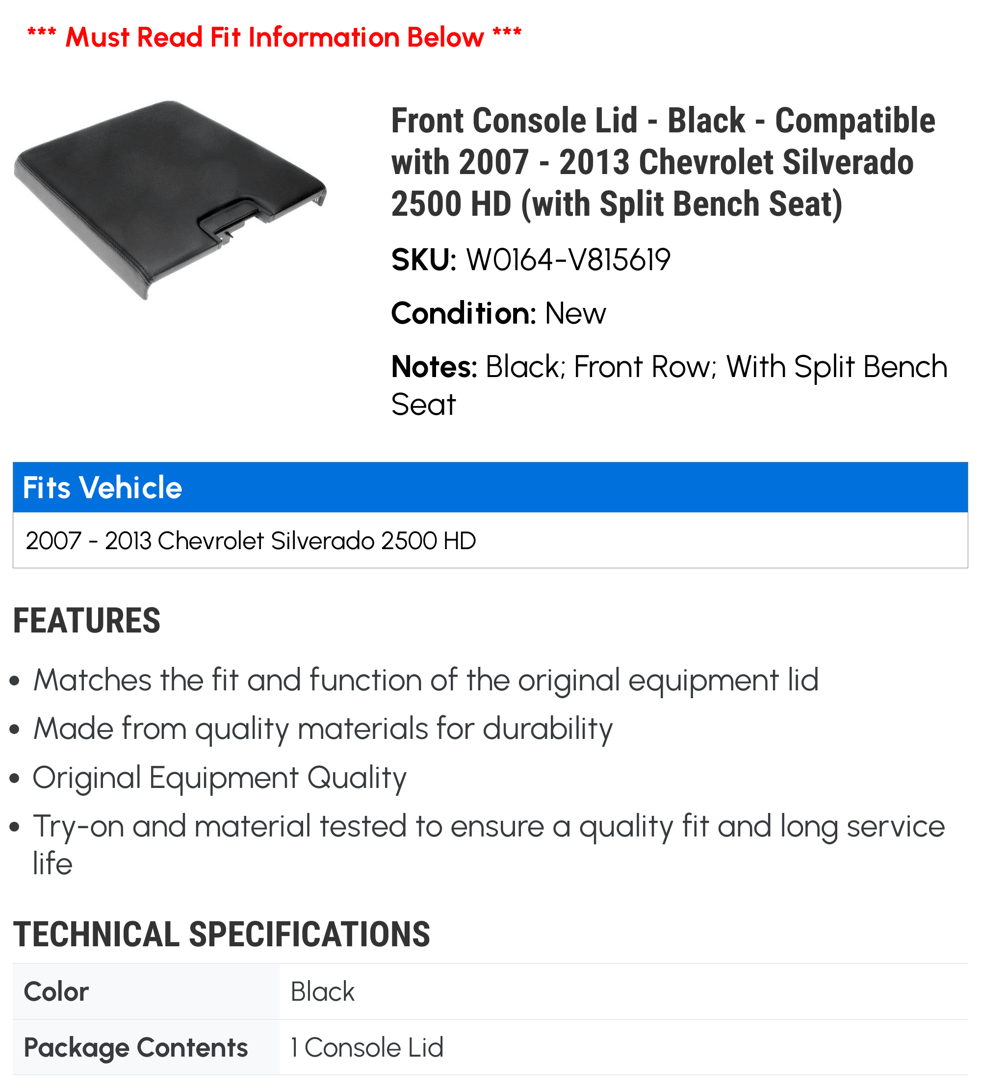 Front Console Lid - Black - Compatible with 2007 - 2013 Chevy Silverado 2500 HD (with Split Bench Cushion) 2008 2009 2010 2011 2012