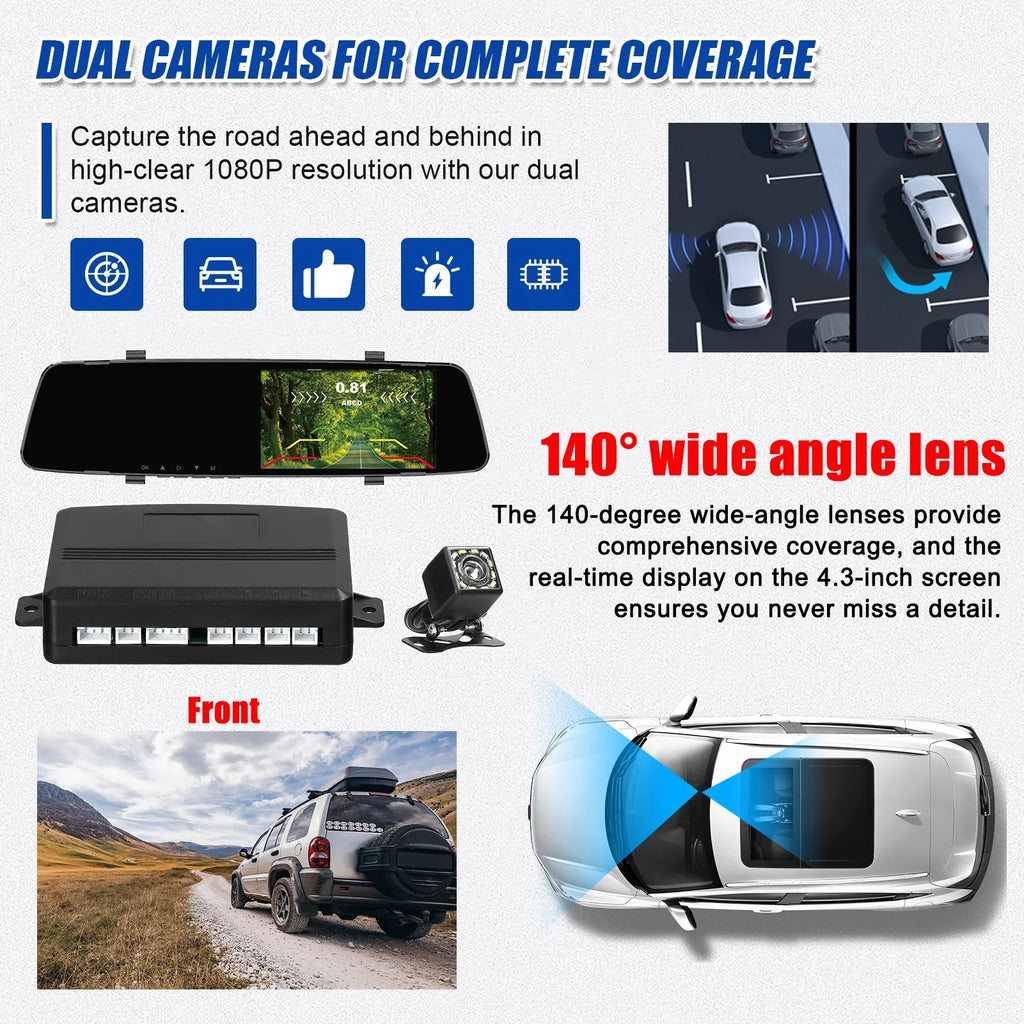 Nebublu Dash Camera,1080P DVR Dash 4.3 Inch Screen Radars Rear Dual Rear Dual Camera Dual Camera 4.3 Inch Screen Support Camera 4.3 Inch Reverse Radars Rear 4 Reverse Radars Dash Cam Rear Reco