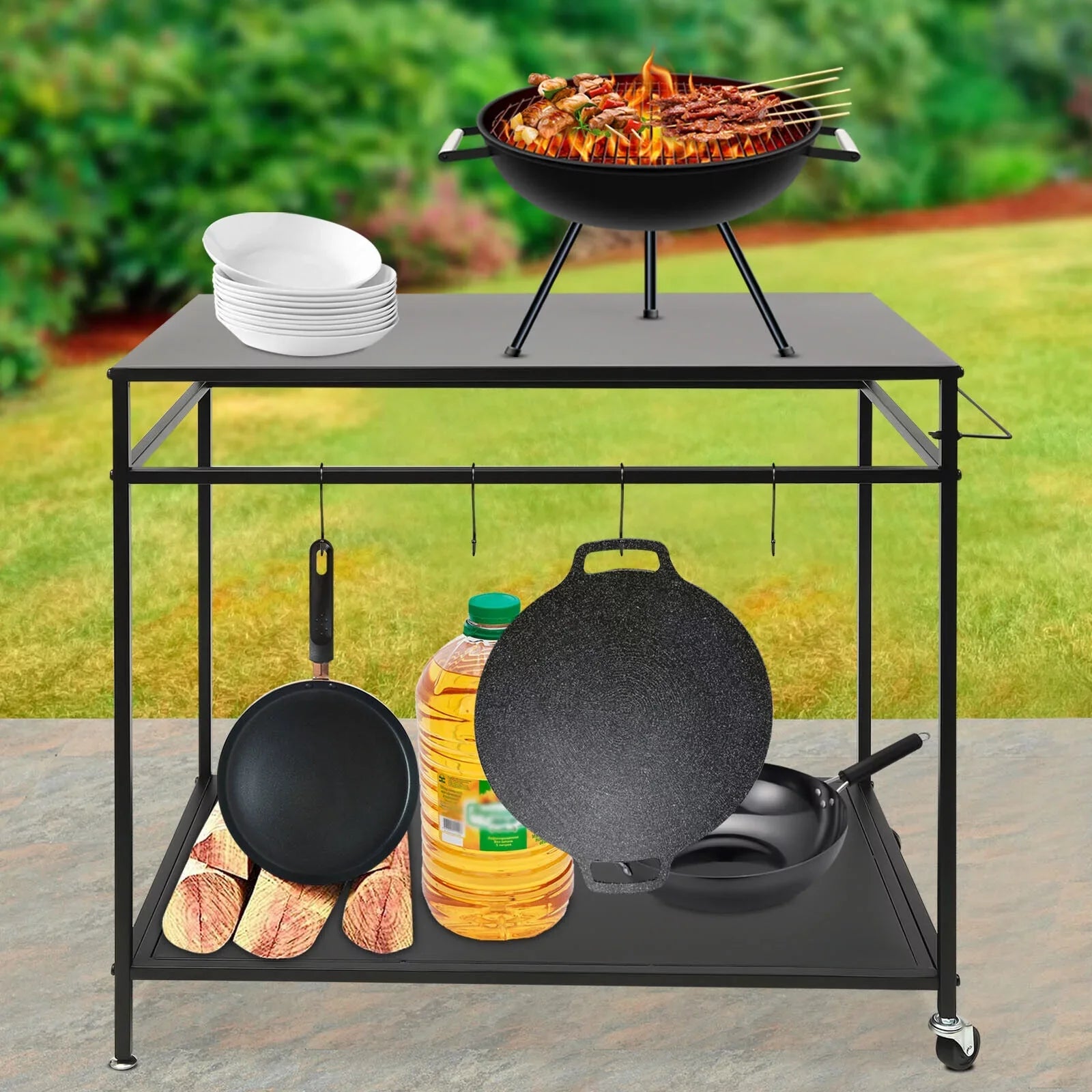 Outdoor Cook Station Table 2-Tier Shelf Food Prep BBQ Grill Serving Cart Movable Rack