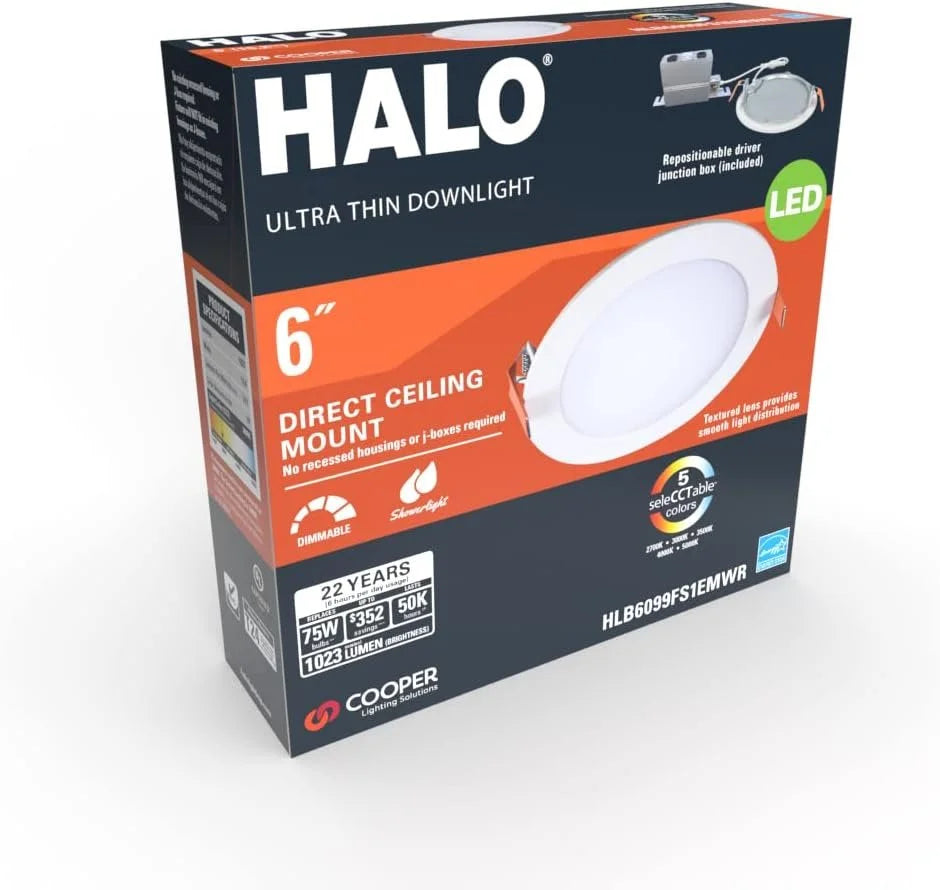 HALO 6 inch Recessed LED Ceiling & Shower Disc Light Canless Ultra Thin Downlight 5 CCT Selectable - White - 6 Pack