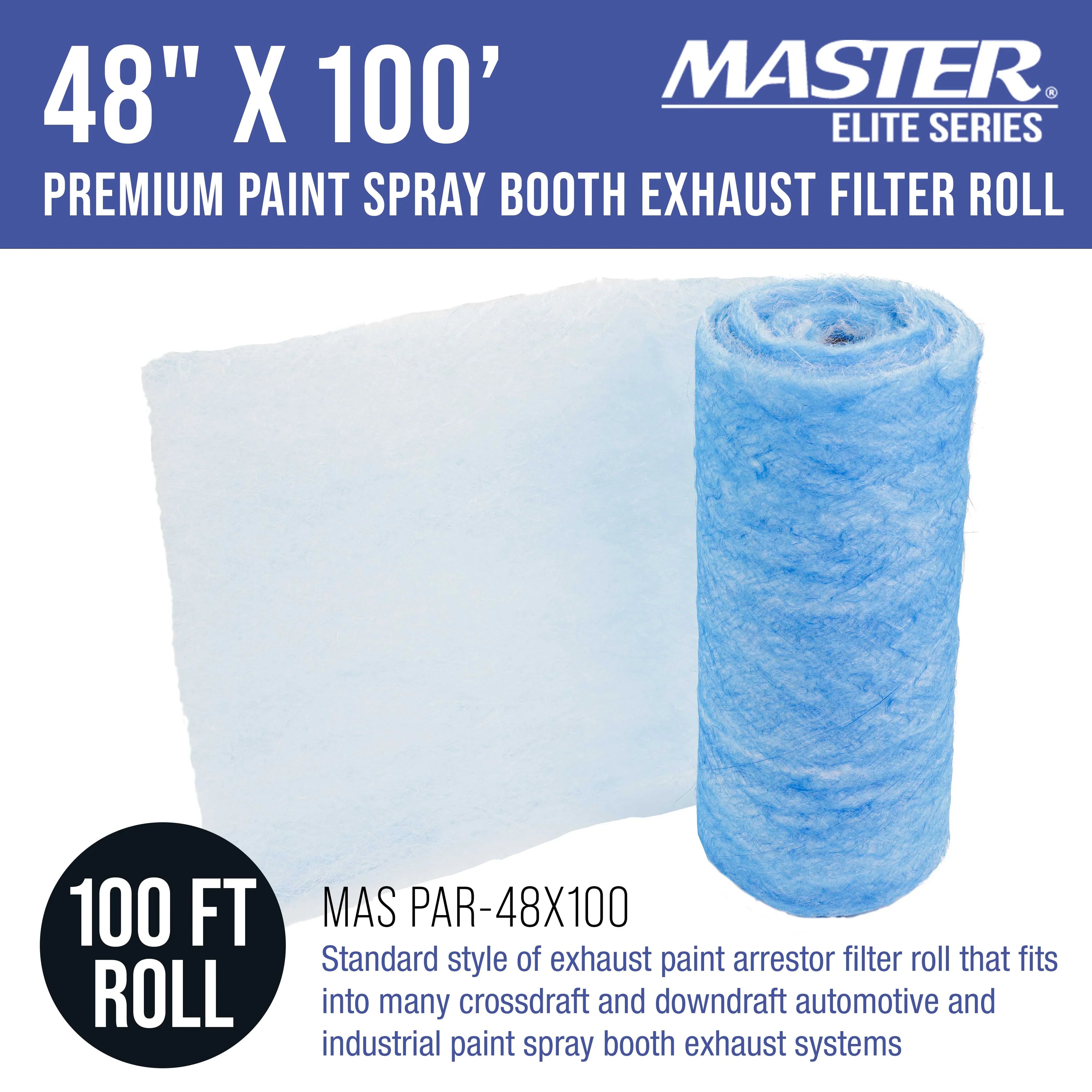 Master Elite Premium Paint Spray Booth Exhaust Filter Roll, 48" x 100' - 18 Gram Heavy-Duty Fiberglass Paint Arrestor - Captures Traps Overspray Paint Particles in Auto Autobody Refinish Booths