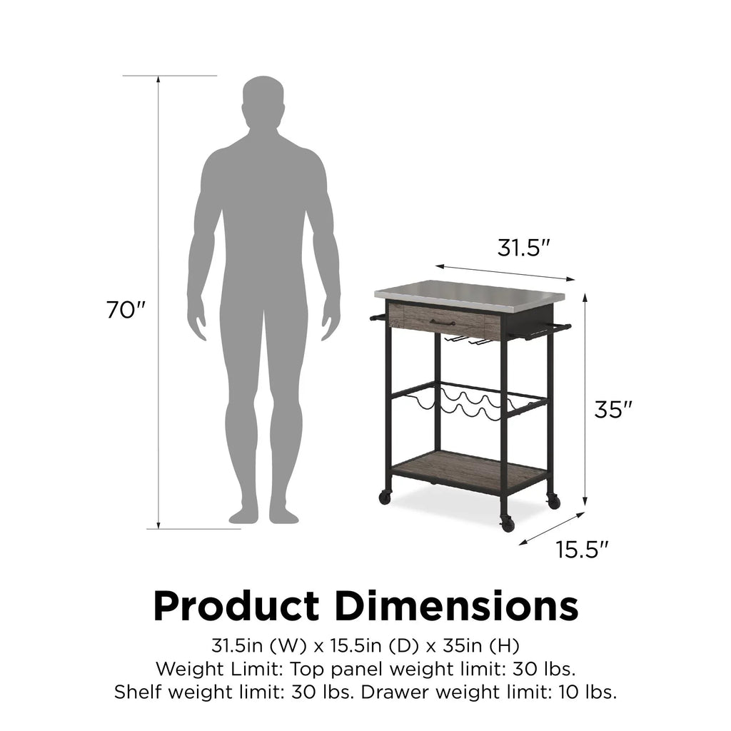 Novogratz Nora Multifunctional Kitchen Cart, Wine Rack and Pantry Storage, Stainless Steel and Black Metal, Brown