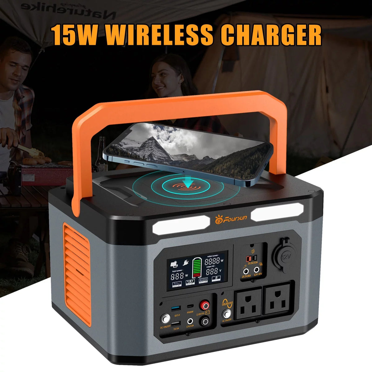 Foursun 1500W(3000W Peak) Portable Station,1598.4Wh with 2 x 1500W AC Outlets ,Wireless charge,PD 65W,Solar Generator for Home Backup, Emergency, Camping