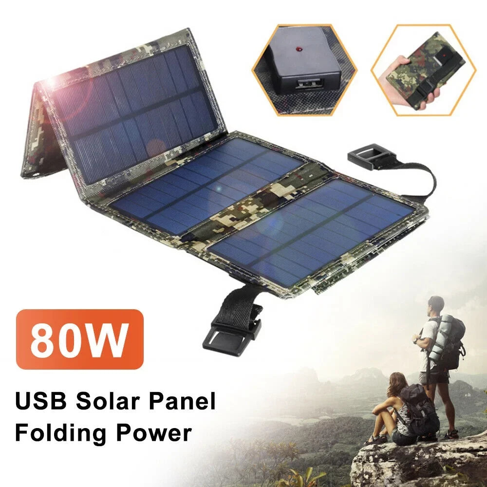 JLLOM Outdoor 80W USB Solar Panel Folding Power Bank Camping Hiking Phone Charger