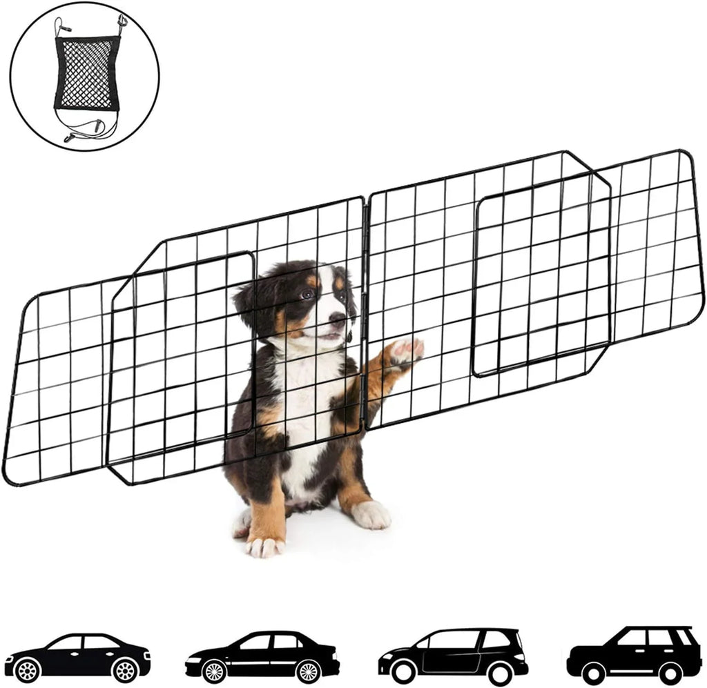 Dog Car Barriers—Heavy Duty Adjustable Wire Pet Cars Barrier with Front Cushion Mesh in Black—Safety Travel Dividers Fence for Vehicles, SUV, Cars