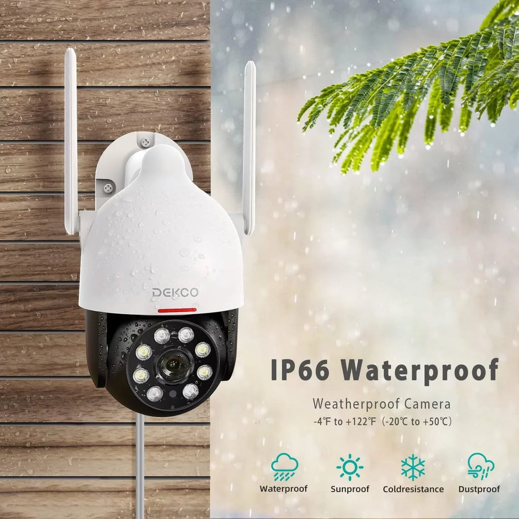 DEKCO Wired Security Camera with Spotlight, 2K WiFi Camera Night Vision 360° View, Waterproof Outdoor Camera, Surveillance Camera with PIR Motion Sensor, 2 Way Audio