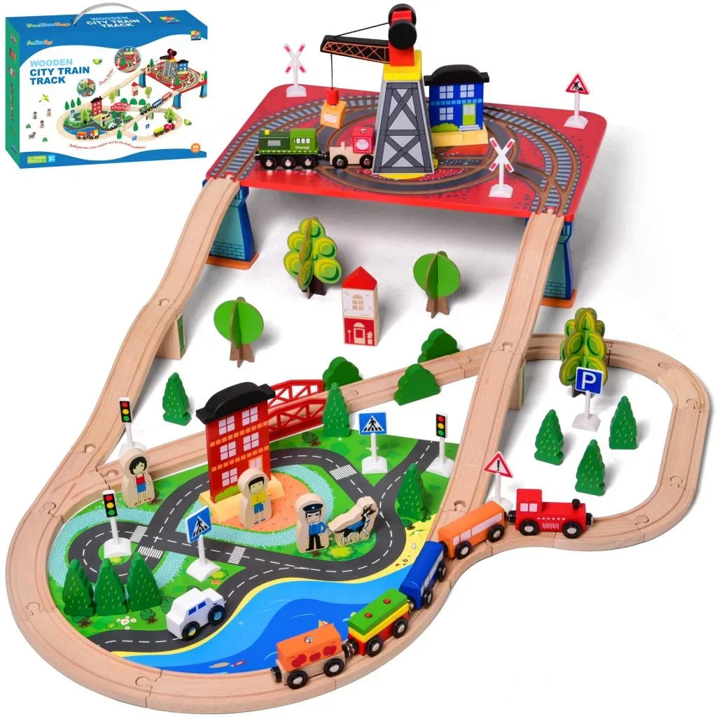 Fun Little Toys 88PCs Wooden Play Set, Enchanting Wooden Train Set for Toddlers Age 3+