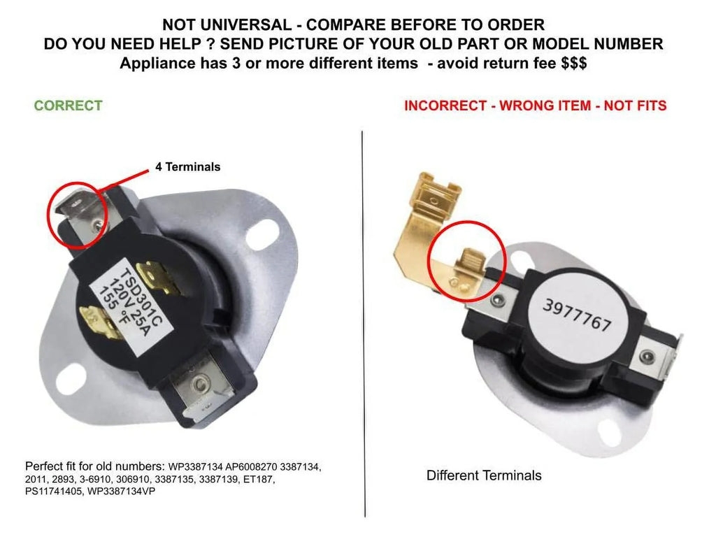GLOB PRO SOLUTIONS AP6008270 PS11741405 EAP11741405 PD00002313 CKD2502 Dryer Cycling Thermostat 2" Length Approx. Replacement for and compatible with Whirlpool Maytag Kenmore Heavy DUTY