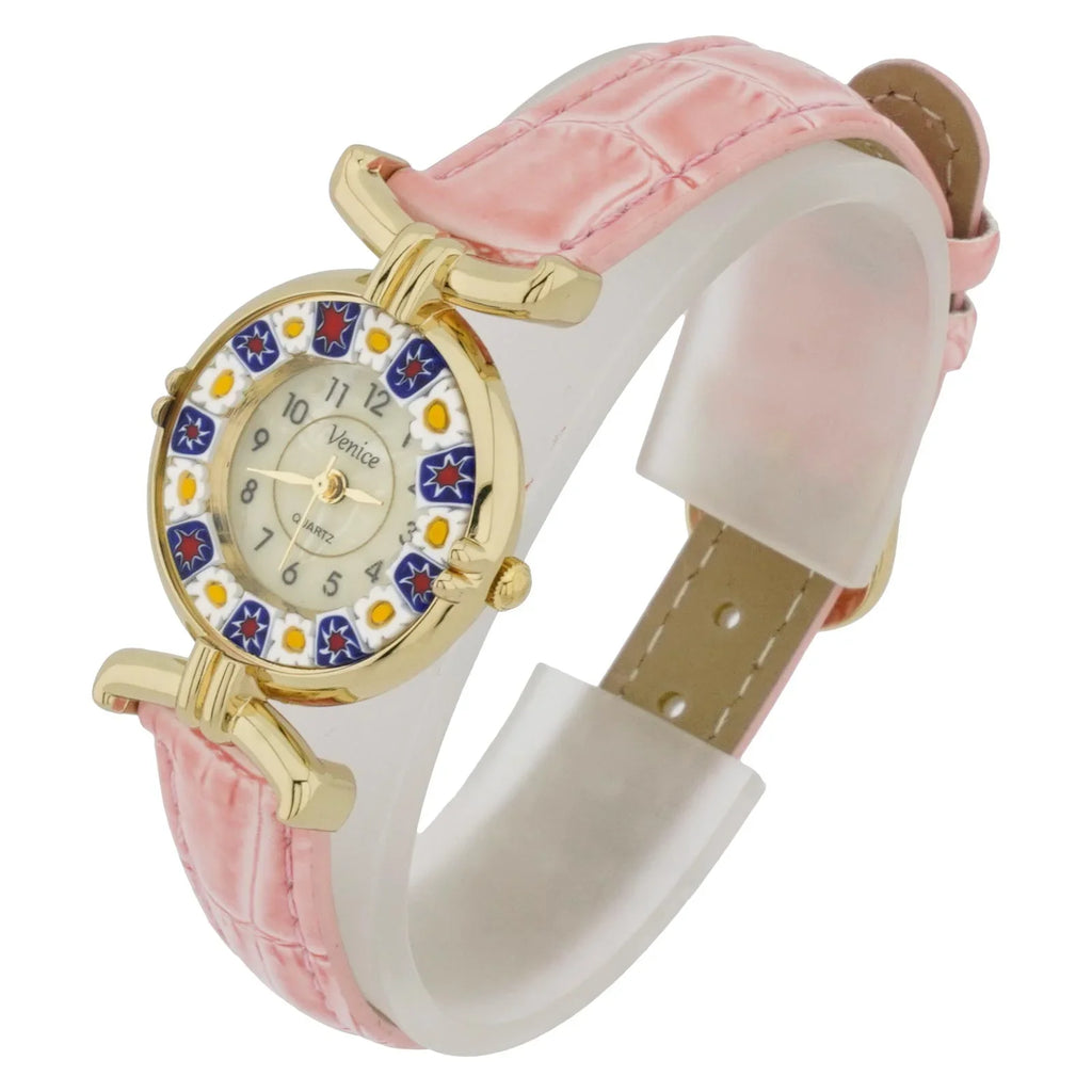GlassOfVenice Murano Glass Millefiori Watch with Leather Band - Pink
