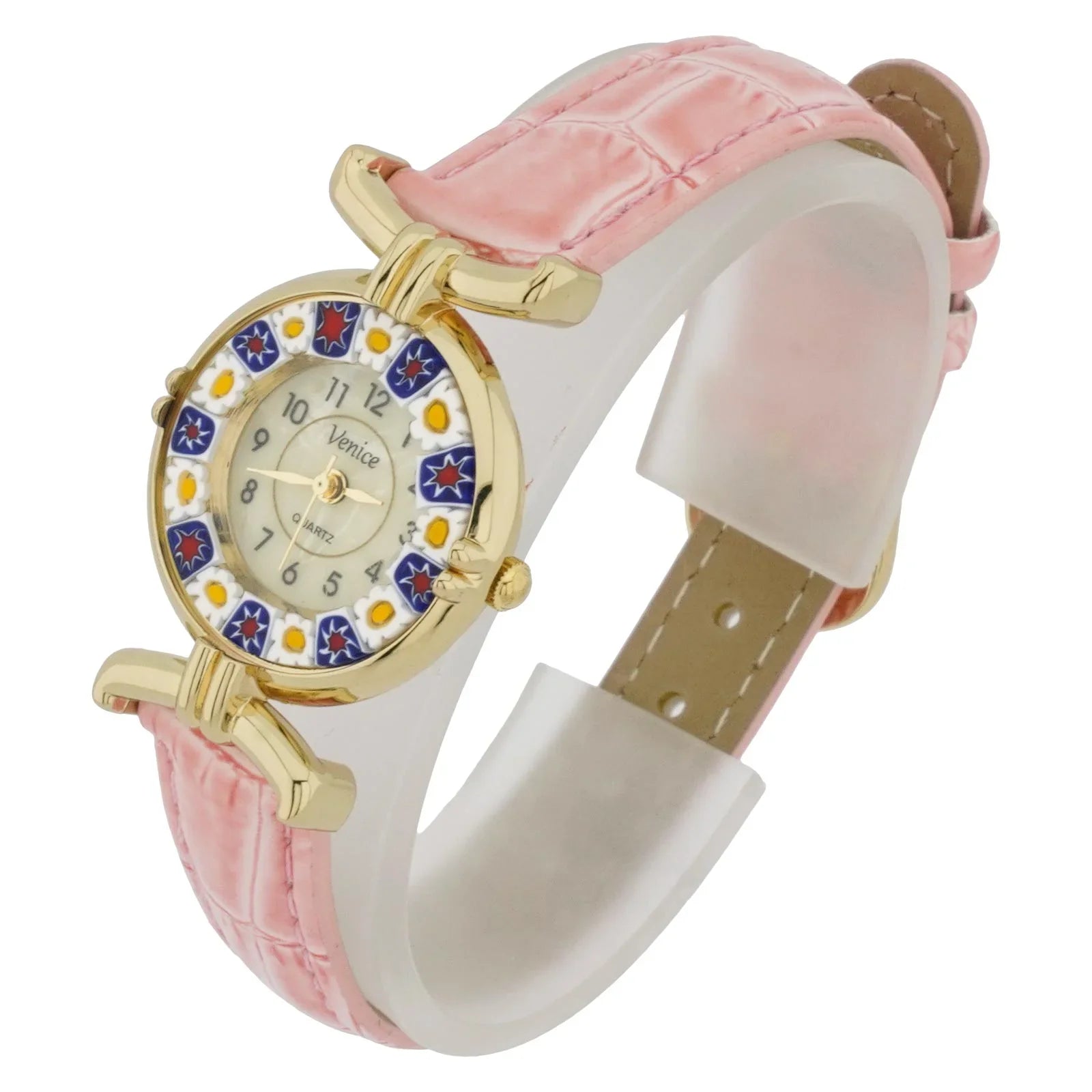 GlassOfVenice Murano Glass Millefiori Watch with Leather Band - Pink