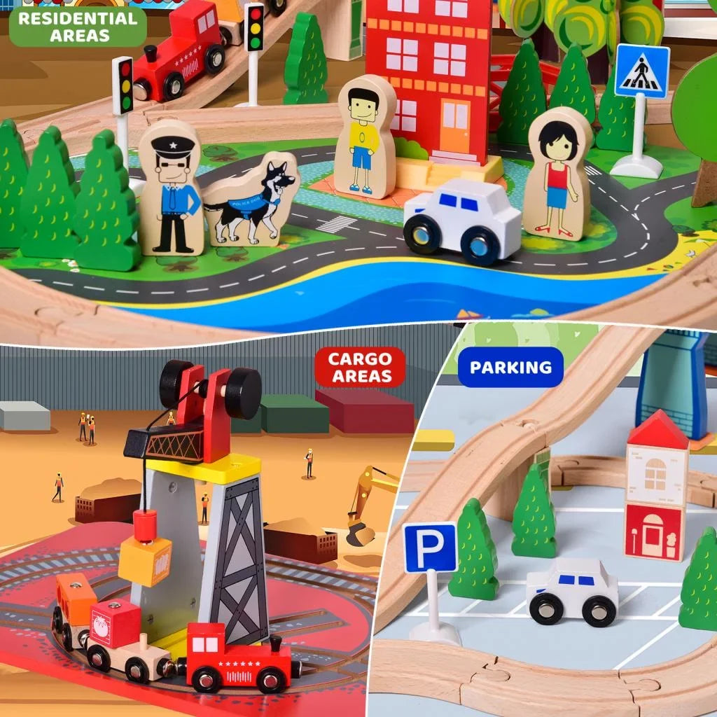 Fun Little Toys 88PCs Wooden Play Set, Enchanting Wooden Train Set for Toddlers Age 3+