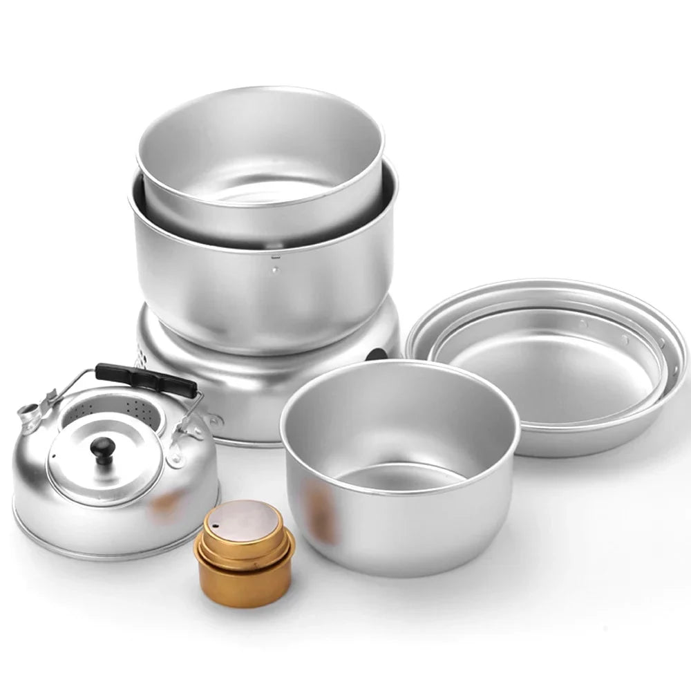 Htovila Camping Stove Kit, 10pcs Camping Pot Pan Stove Set for Cooking Backpacking, Portable Kitchenware for Adventures