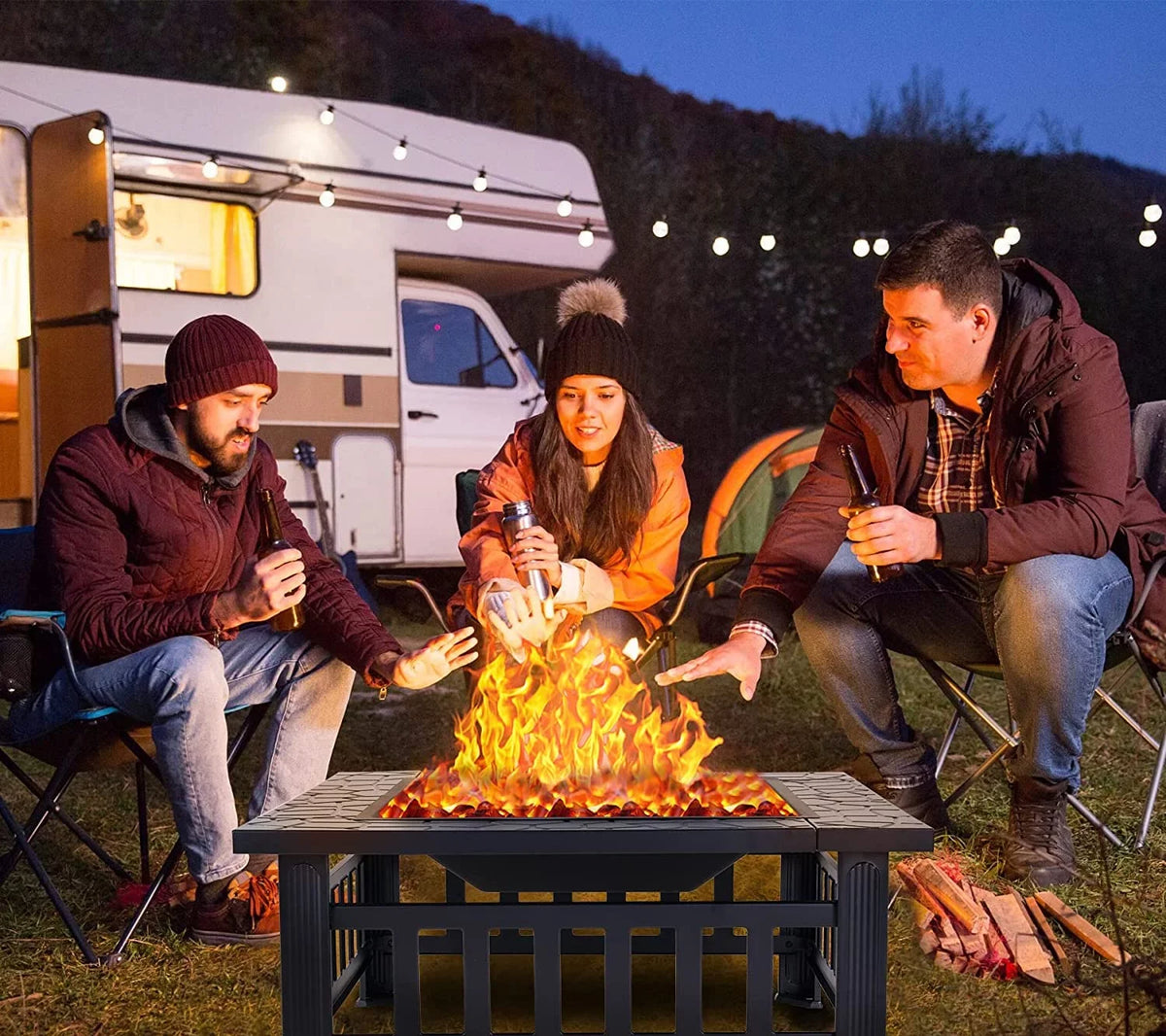 Grand Patio 32" Outdoor Fire Pit, Bonfire Wood Burning Fire Pit for Outside, Square Backyard Patio Firepit Table with Spark Screen Cover Safe Mesh Lid & Poker for Warmth, BBQ or Cooler