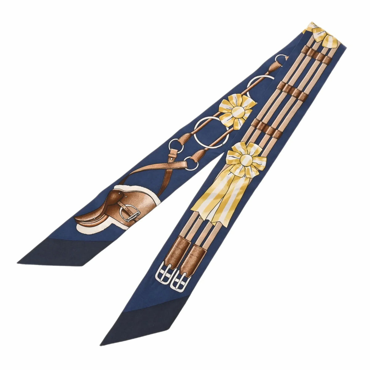 Pre-Owned HERMES Twilly JUMPING Mario/Gold/Blanc Women's 100% Silk Scarf Muffler (Fair)