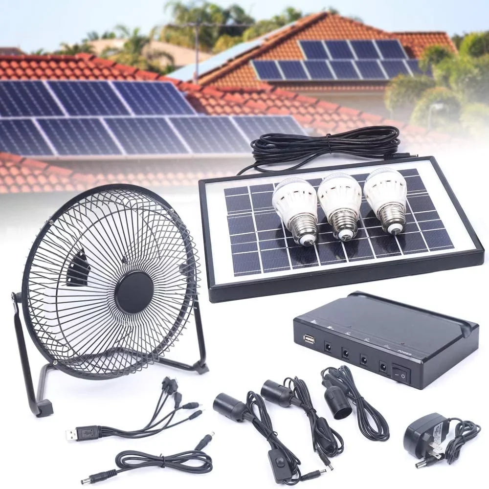 MONIPA Portable Solar Powered Panel+Fan+3x1W 12V Bulbs 8 inch Solar Powered Fan, with Adapter for Ventilation Caravan Camping Home Office Outdoor Traveling Fishing