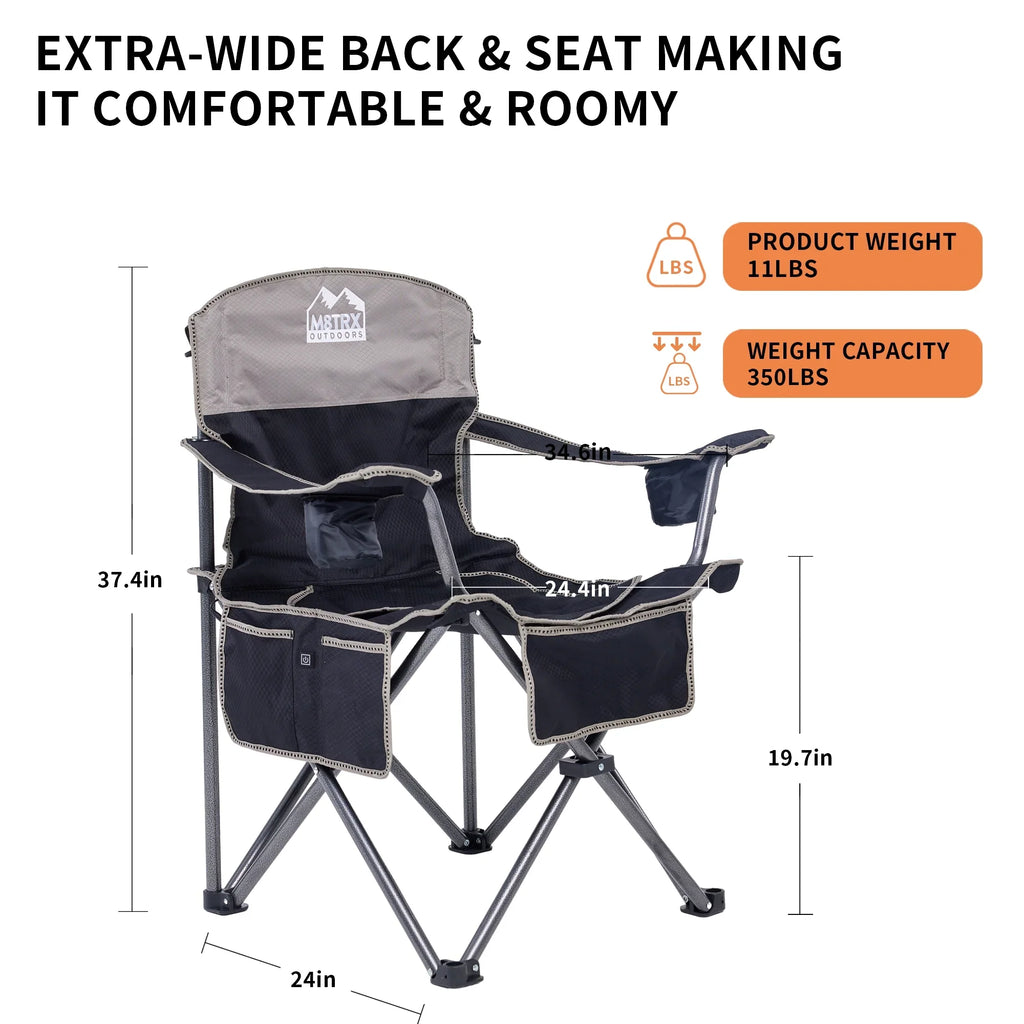 M8TRX Outdoors Heated Camping Chair, Portable Chair w/ 5000mAH Power Bank, 3 Heat Levels, USB Charging Port, Black