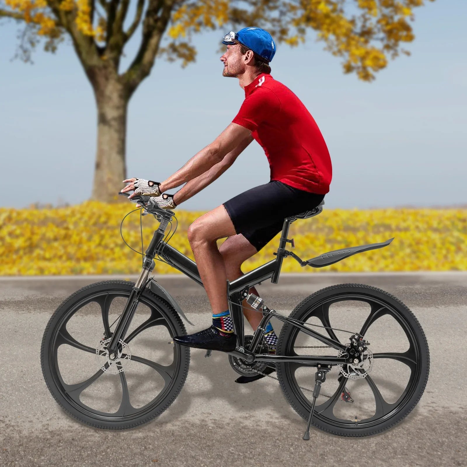 Folding Mountain Bike, 26" 21-Speed Height Adjustable Steel Frame Shifter City Two-wheeler for Men & Women Double Disc Brake Black
