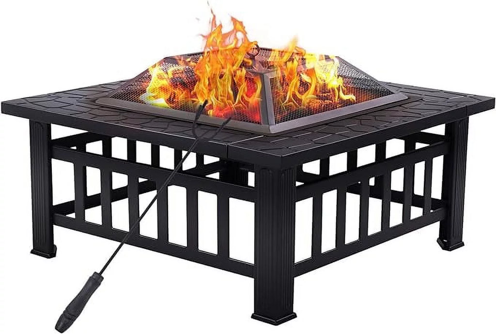 Grand Patio 32" Outdoor Fire Pit, Bonfire Wood Burning Fire Pit for Outside, Square Backyard Patio Firepit Table with Spark Screen Cover Safe Mesh Lid & Poker for Warmth, BBQ or Cooler