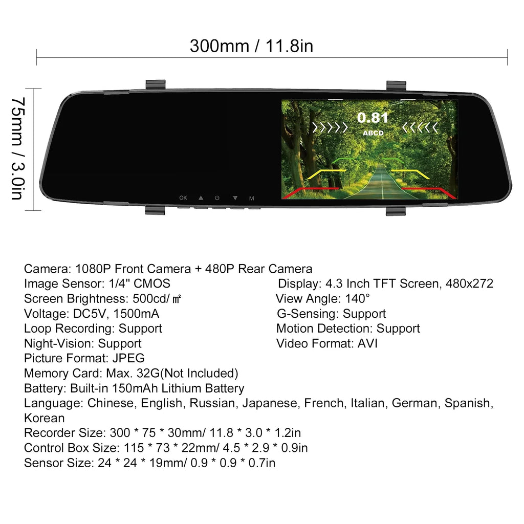 Nebublu Dash Camera,1080P DVR Dash 4.3 Inch Screen Radars Rear Dual Rear Dual Camera Dual Camera 4.3 Inch Screen Support Camera 4.3 Inch Reverse Radars Rear 4 Reverse Radars Dash Cam Rear Reco