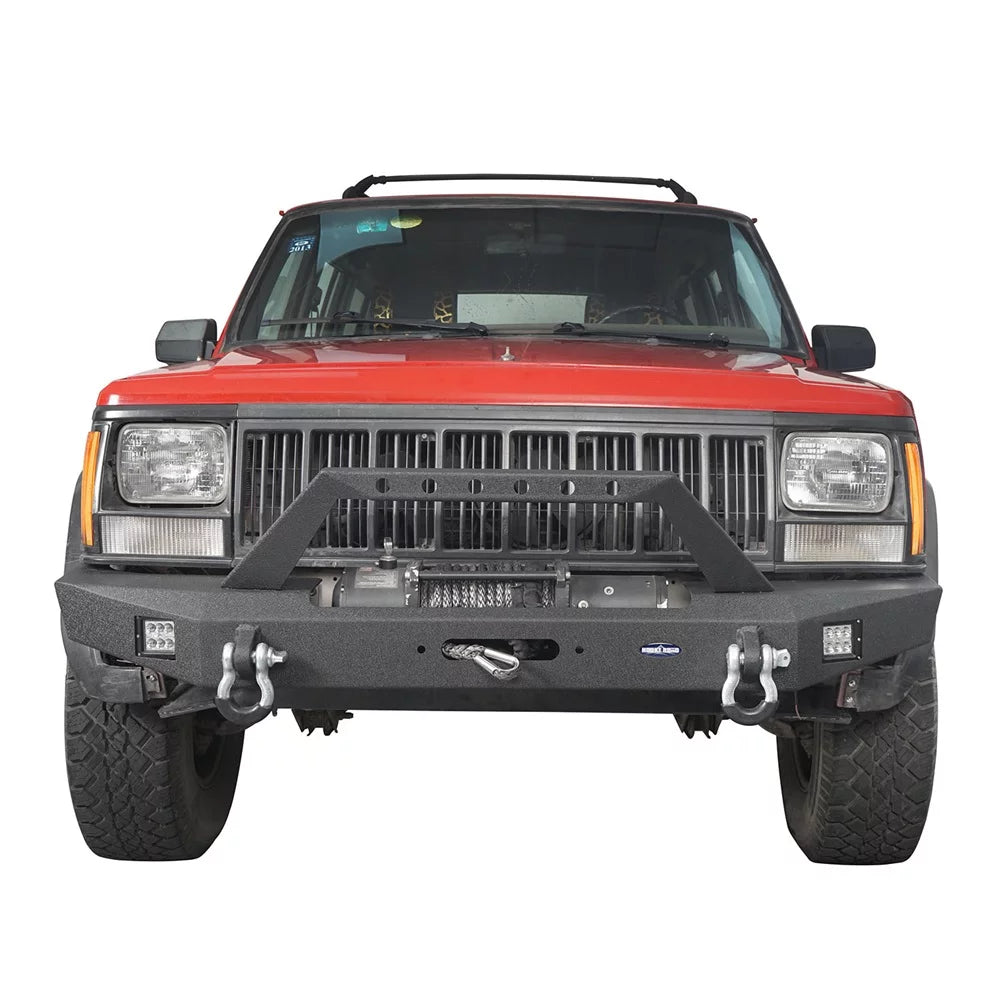 Hooke Road Fit Jeep Cherokee XJ 1984-2001 Steel Front Bumper W/ LED Spotlights & Winch Plate