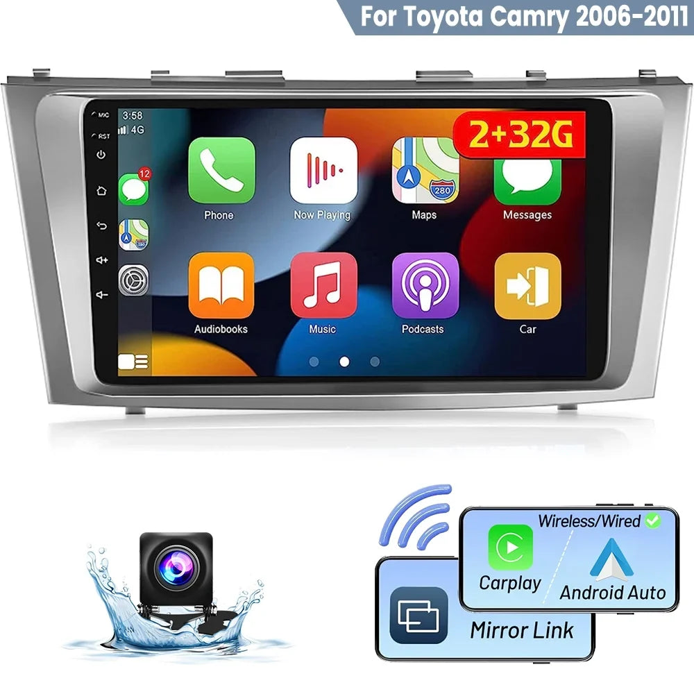Podofo 2+32G for Toyota Camry 2006-2011 Car Stereo Radio Wireless Carplay Android Auto Mirror Link 9'' Touchscreen HD 1080P WIFI GPS Hifi FM Bluetooth, AHD Backup Camera