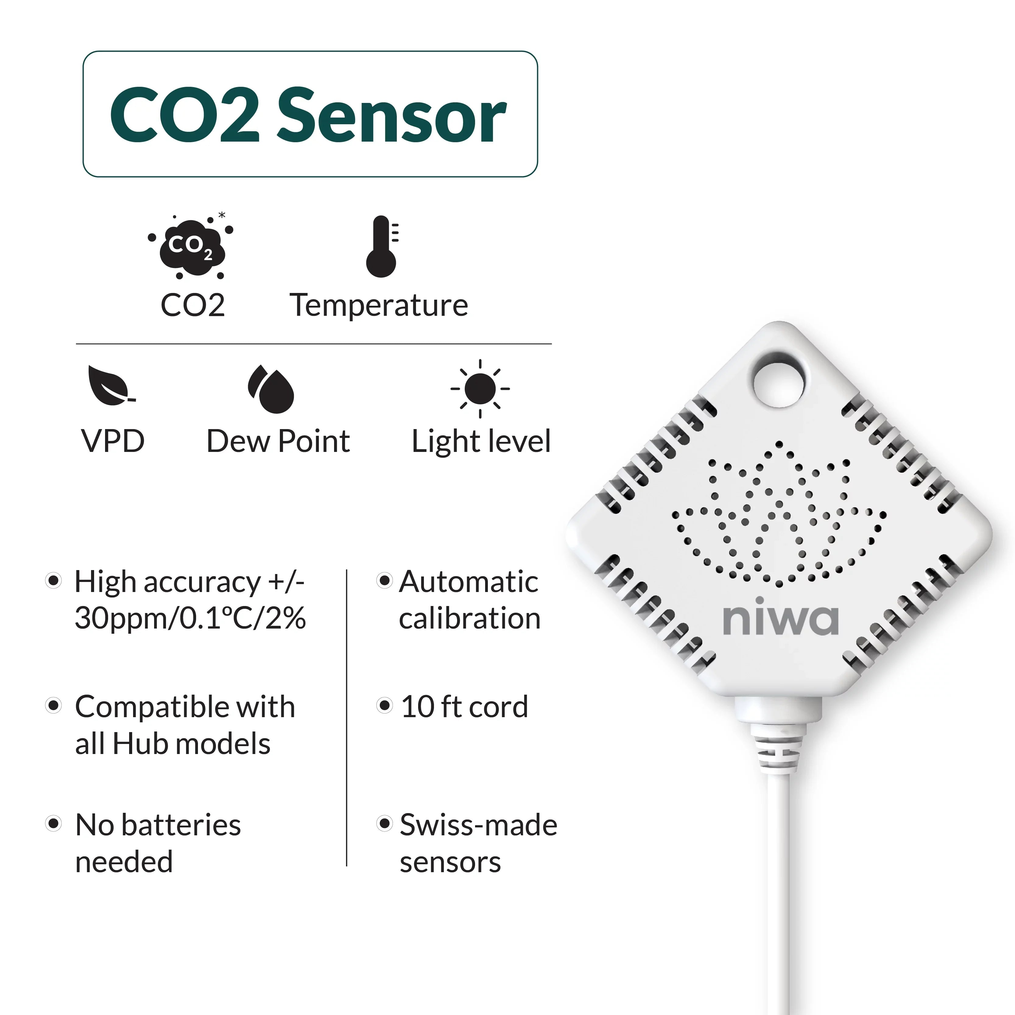 Niwa CO2 Sensor, Compatible with All Grow Hub Models & NOT an Independent Sensor. CO2 Sensor Comes with All preexisting Niwa Readings (VPD, Temperature, Humidity, Dew Point & Light Level).…