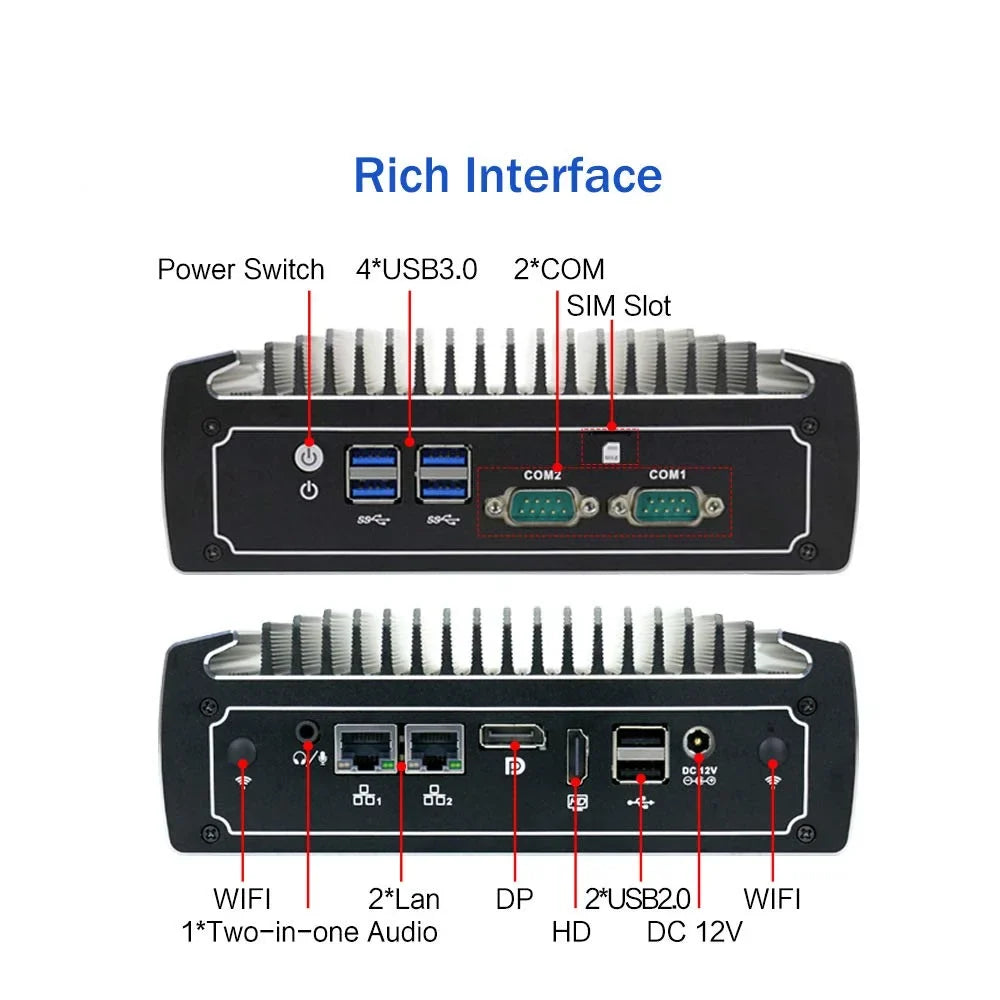 PARTAKER Fanless Mini PC, 4K Powerful Industrial Mini Computer, Core i5 8250U 8th Gen, 4 Cores CPU, 8GB Ram 128GB SSD 1TB HDD, Dual Nic, HD, DP, 4*USB3.0, SIM Card Slot, 2 COM, Windows 10 Pro