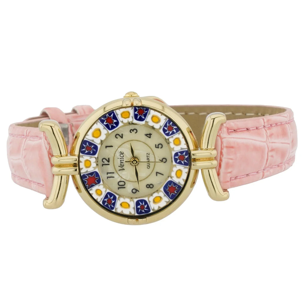 GlassOfVenice Murano Glass Millefiori Watch with Leather Band - Pink