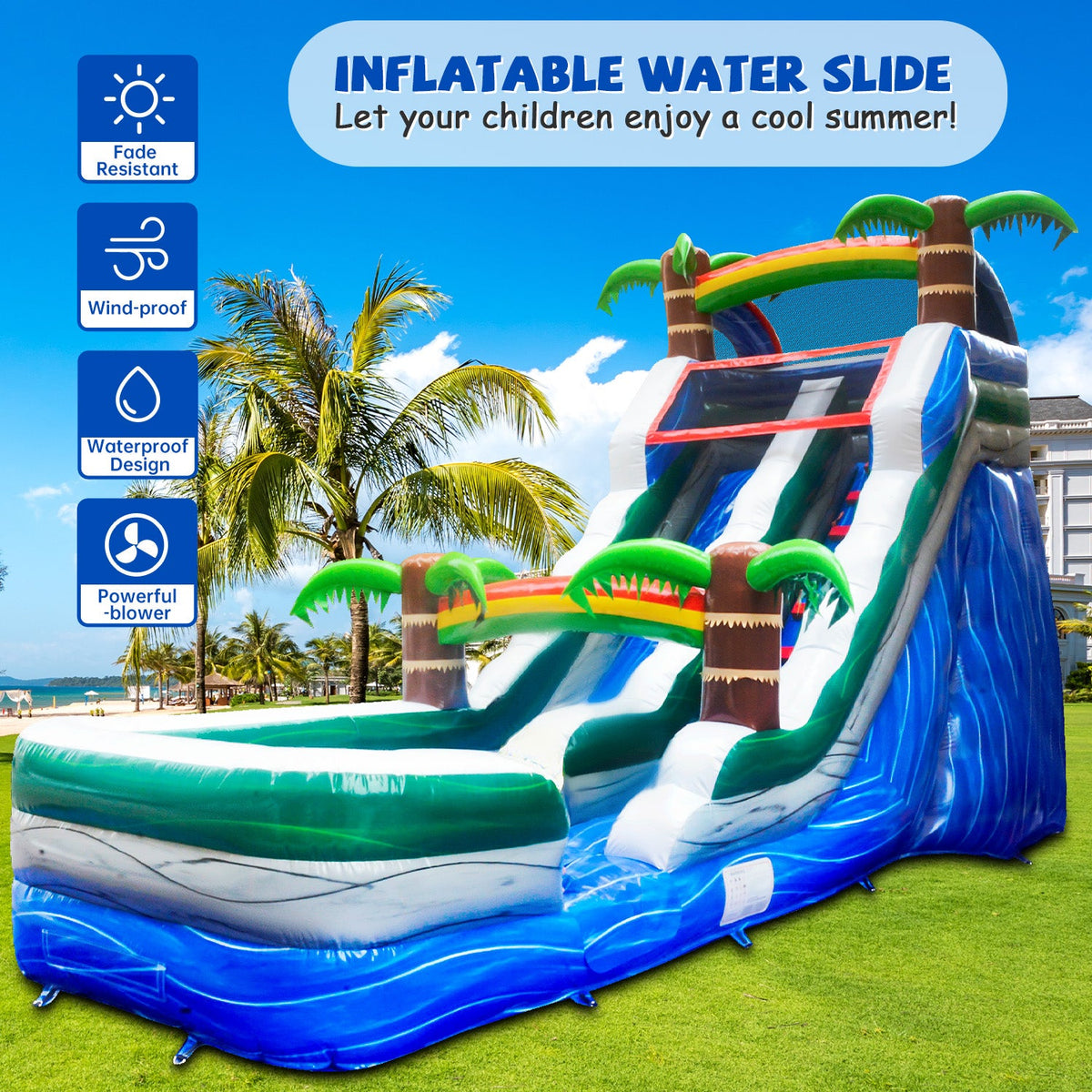GOOSH 16 ft Palm Tree Inflatable Water Slide with Air Blower, Kids Blow Up Water Slide, Outdoor Commercial Water Slide-Climbing Wall, Slides & Splash Pool