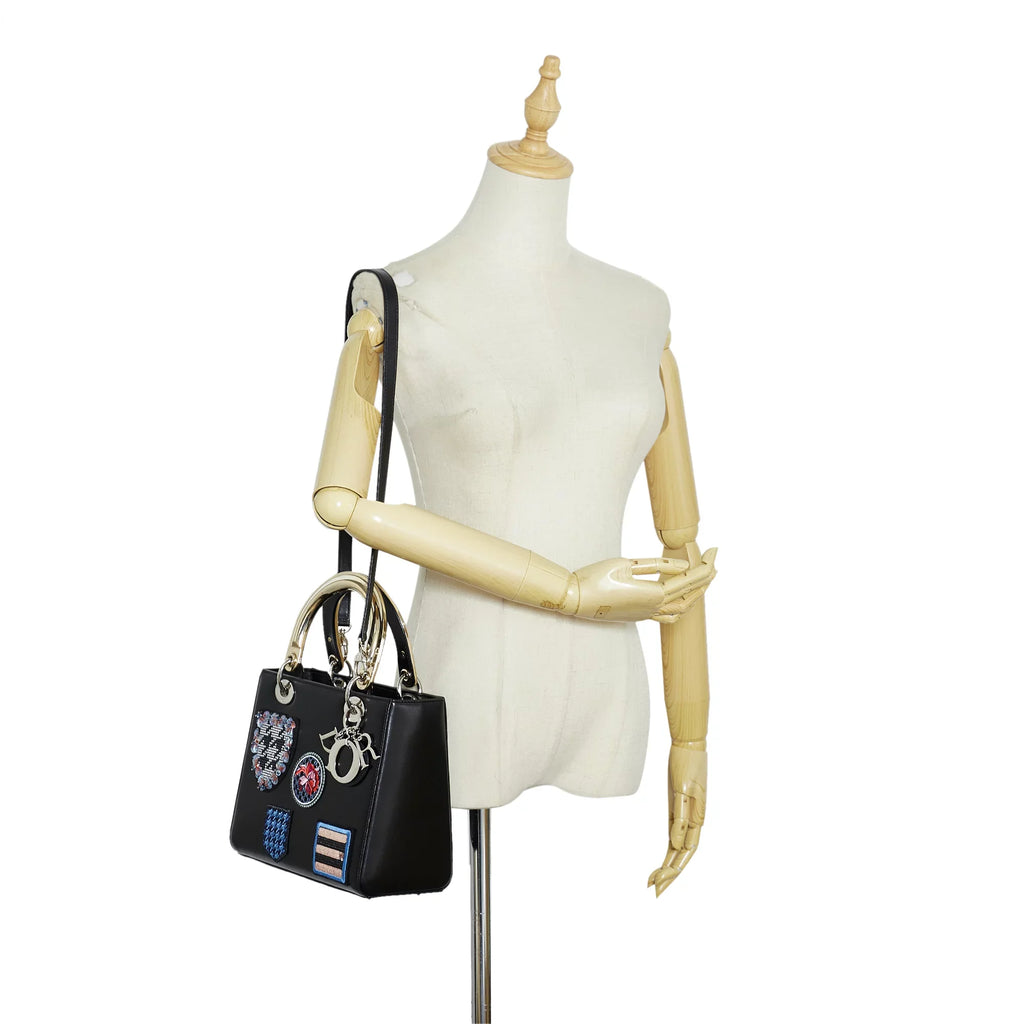 Pre-Owned Authenticated Medium Judgement Lady Dior Calf Leather Black Satchel Unisex (Good)
