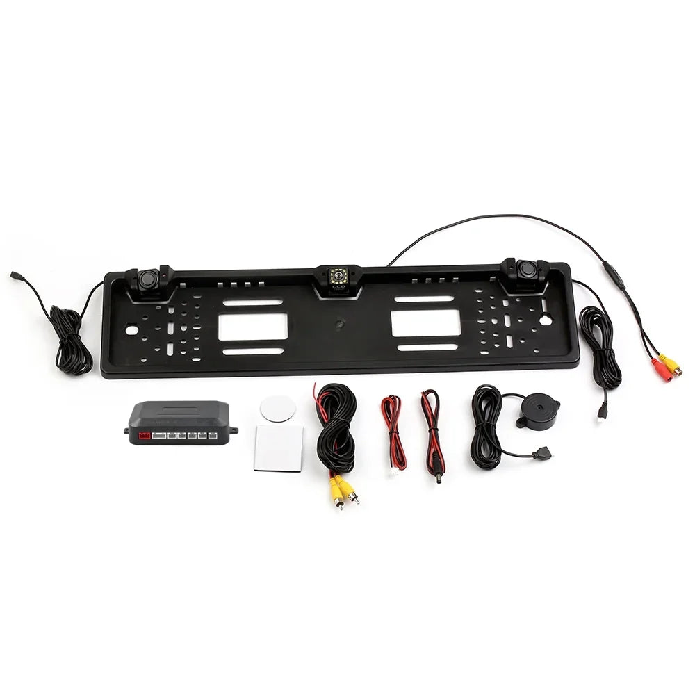 MIXFEER European License Plate Frame Backup Camera 12 LED Rear View Camera with Reversing System Parking Sensor