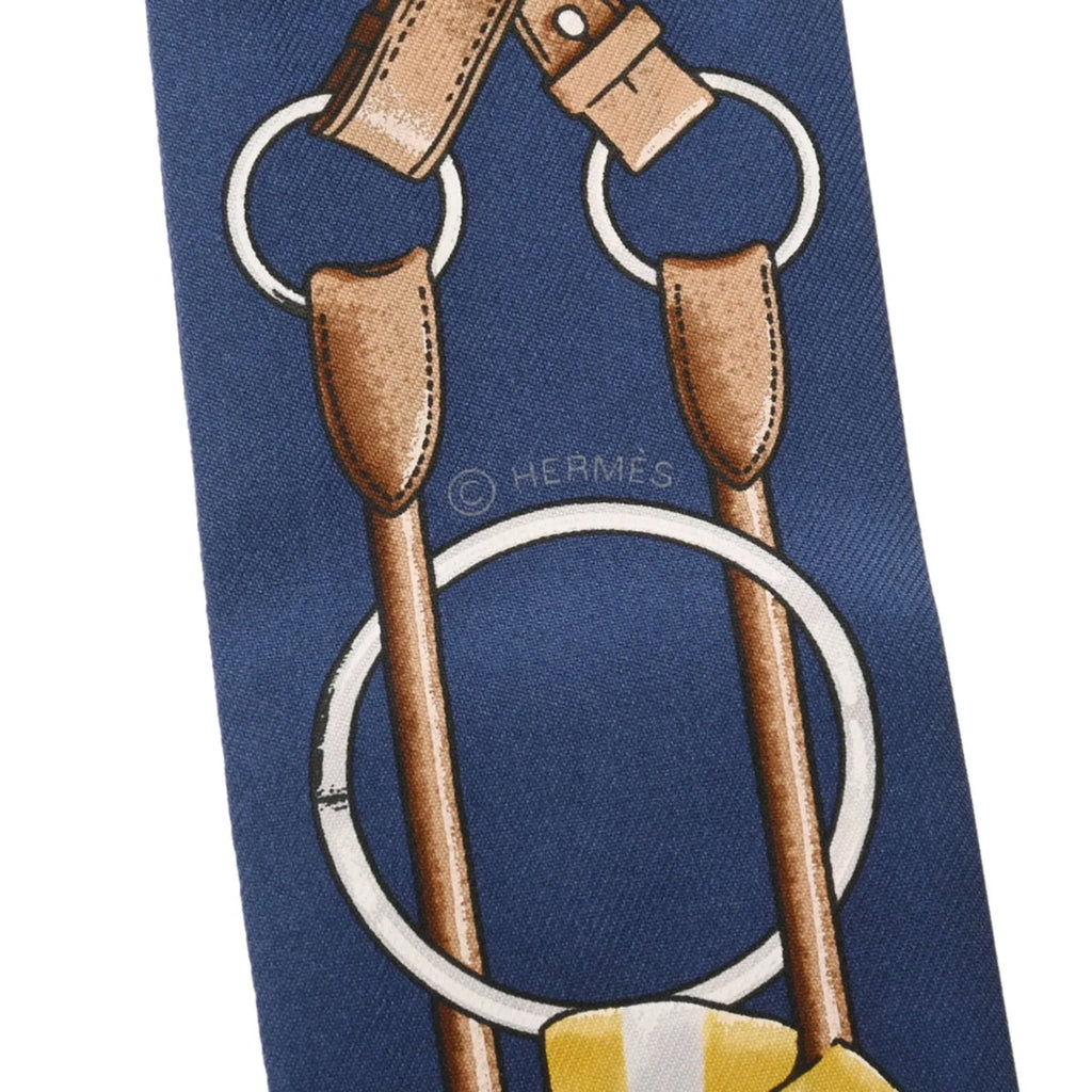 Pre-Owned HERMES Twilly JUMPING Mario/Gold/Blanc Women's 100% Silk Scarf Muffler (Fair)