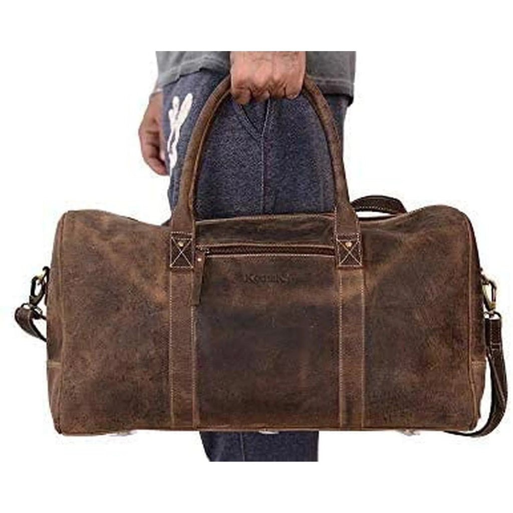 FR Fashion Co. 20" Men's Vintage Distressed Buffalo Leather Duffle Bag | Spacious & Stylish | Adjustable Shoulder Strap