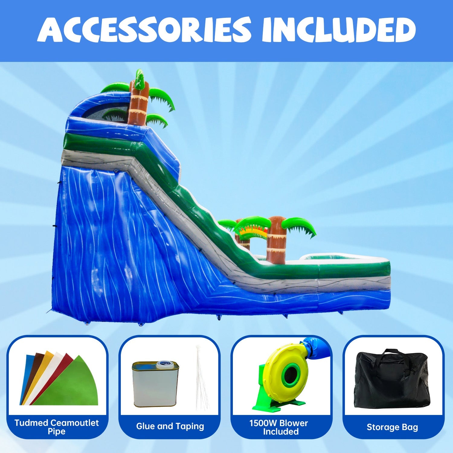 GOOSH 16 ft Palm Tree Inflatable Water Slide with Air Blower, Kids Blow Up Water Slide, Outdoor Commercial Water Slide-Climbing Wall, Slides & Splash Pool