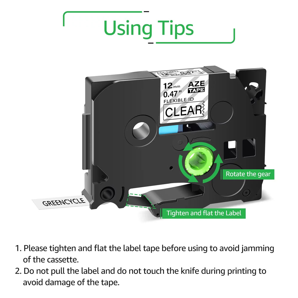 GREENCYCLE 8PK Compatible for Brother P-touch 12mm x 8m Black on Clear TZ TZe TZe-FX131 TZ-FX131 TZe-131 TZ-131 Flexible ID Cable Wire Label Tape