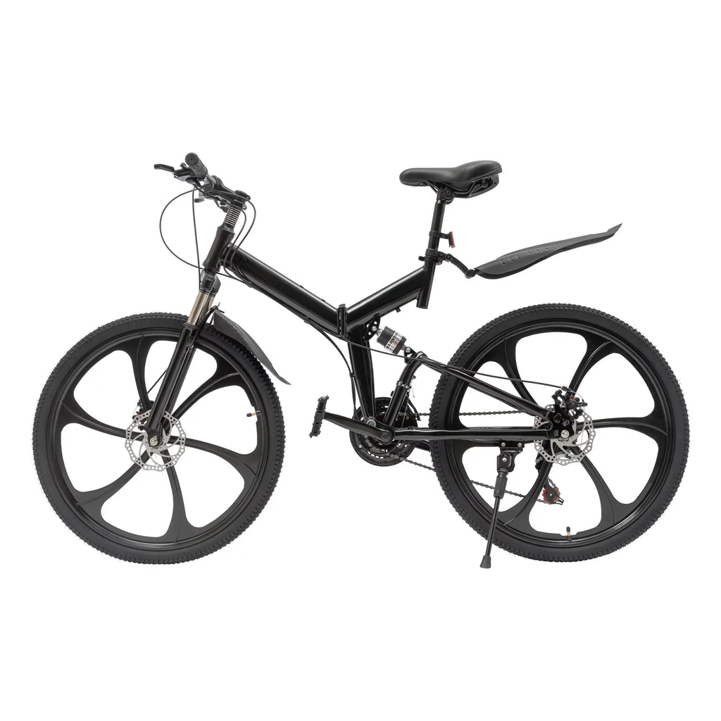 Folding Mountain Bike, 26" 21-Speed Height Adjustable Steel Frame Shifter City Two-wheeler for Men & Women Double Disc Brake Black