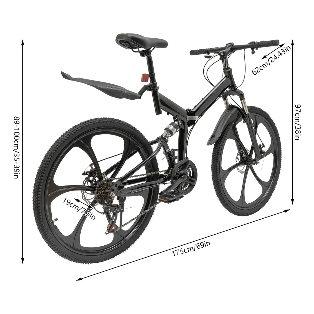 Folding Mountain Bike, 26" 21-Speed Height Adjustable Steel Frame Shifter City Two-wheeler for Men & Women Double Disc Brake Black