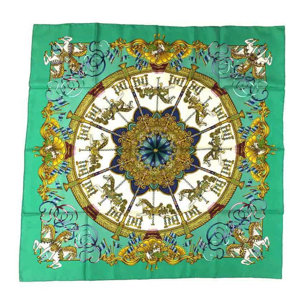 Pre-Owned HERMES Carre 90 Scarf Muffler LUNA PARK Amusement Park Carousel Embroidery Green 100% Silk Hermes aq5159 (Good)