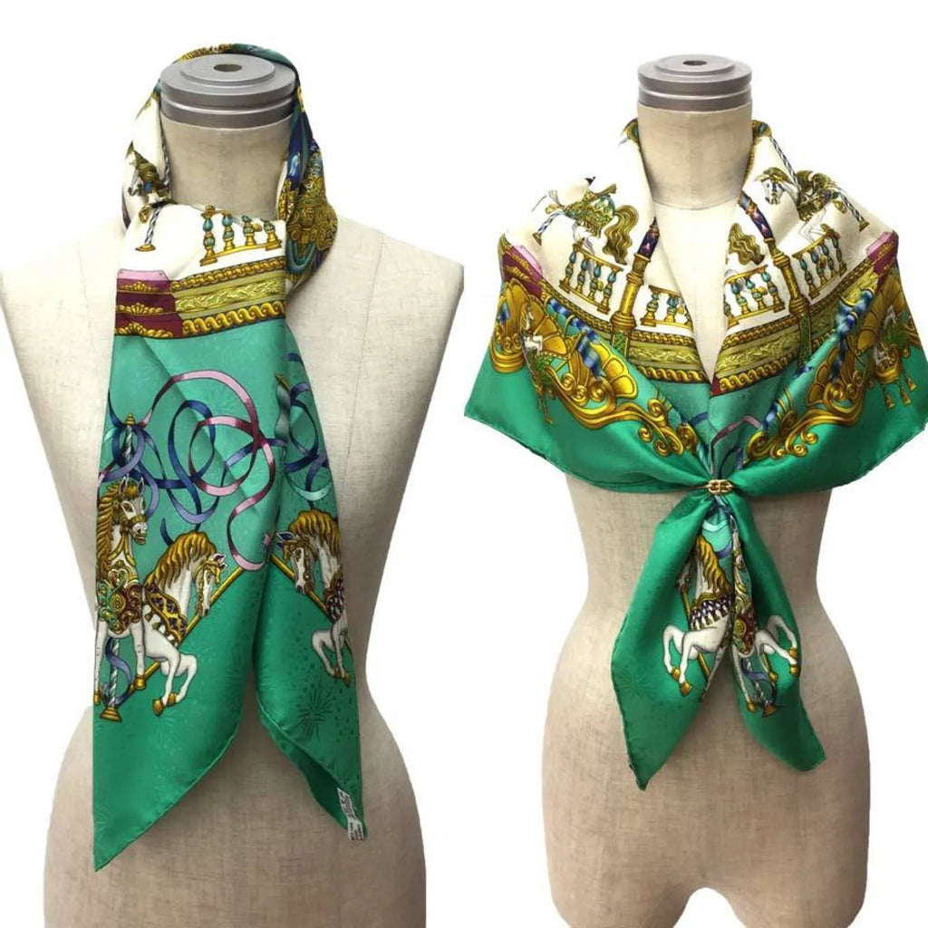 Pre-Owned HERMES Carre 90 Scarf Muffler LUNA PARK Amusement Park Carousel Embroidery Green 100% Silk Hermes aq5159 (Good)