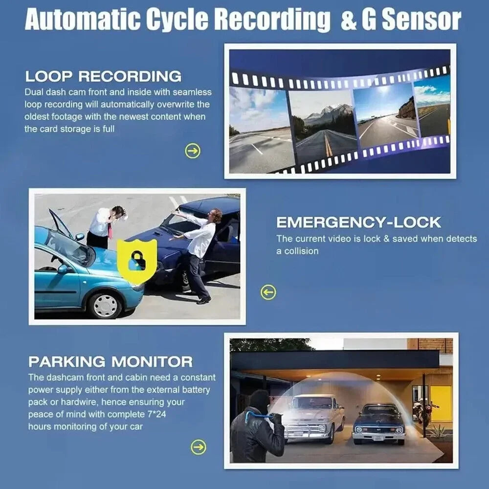 Paddsun HD 1080P Car Dual Lens Dash Cam Front/Rear/Inside Video Recorder Camera G-sensor