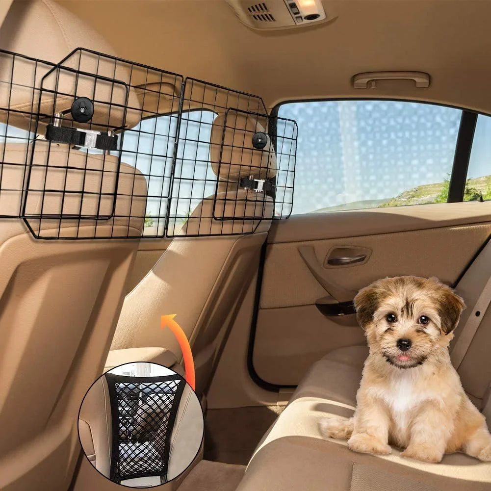 Dog Car Barriers—Heavy Duty Adjustable Wire Pet Cars Barrier with Front Cushion Mesh in Black—Safety Travel Dividers Fence for Vehicles, SUV, Cars