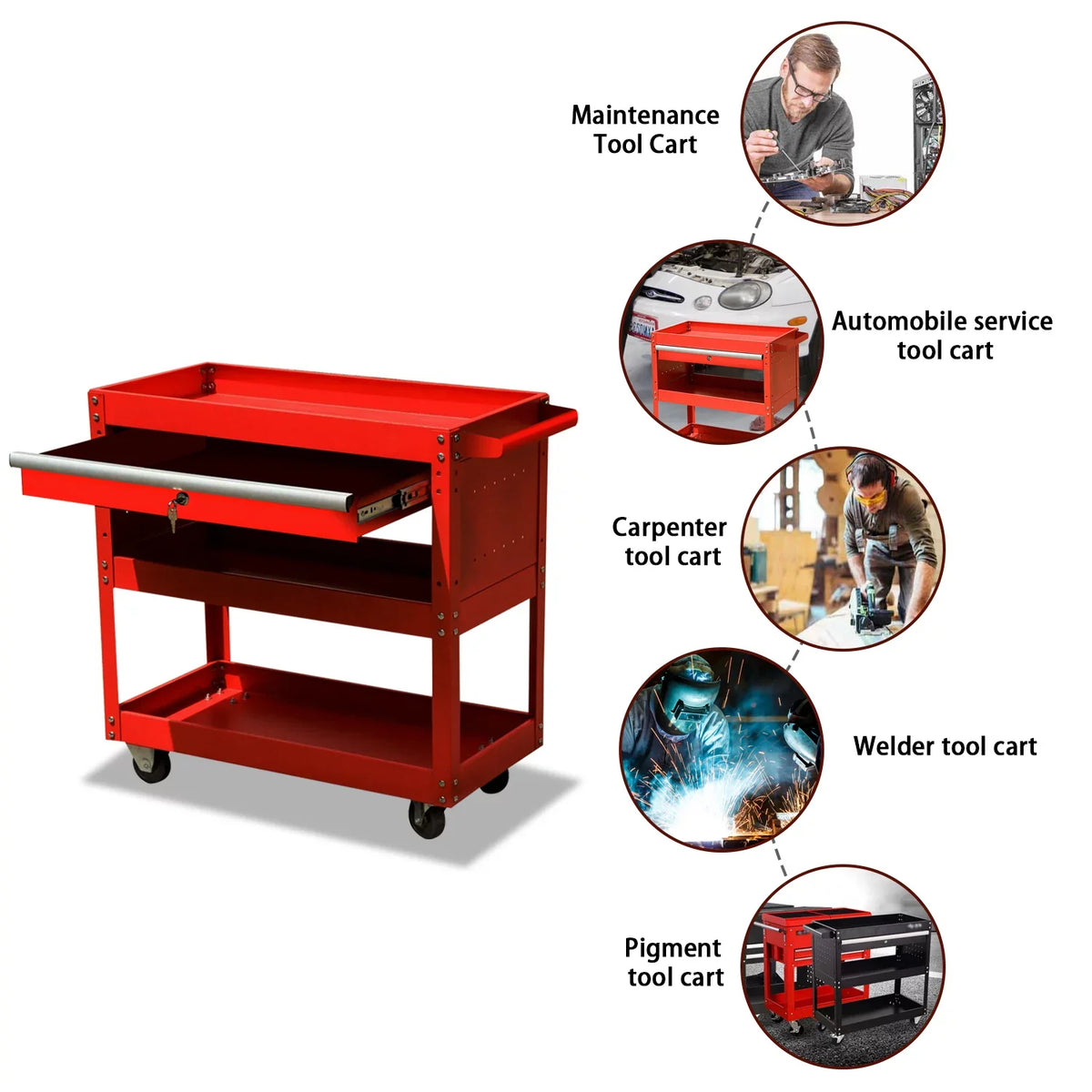 Odaof 3 Tier Rolling Tool Cart,Tool Chest and Tool Organizer with Wheels and Drawer,330 lbs Capacity Utility Cart for Garage Warehouse(Red)