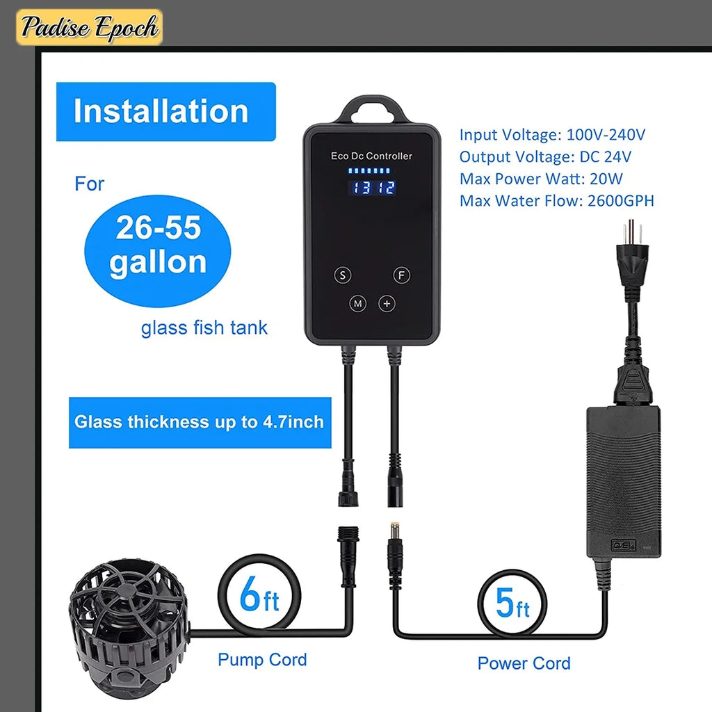 Quiet Magnetic Aquarium Wave Maker, 1600GPH 2600GPH Powerhead with Digital Led Display Controller, Submersible Water Inverter Circulation Pump for Fish Tank 3-55 Gallon