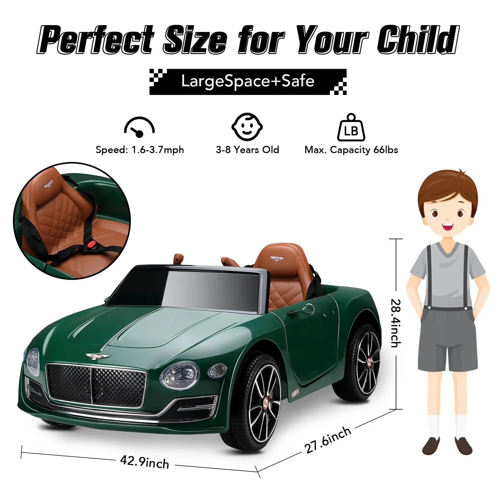 LISUEYNE Official Licensed Bentley Ride on Car, 12V Electric Car for Boys Girls Age 3+, Ride on Car with Remote Control, Music, Green