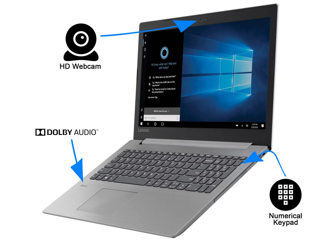 IdeaPad 330 Notebook, 15.6" HD Display, Intel Celeron N4000 Upto 2.6GHz, 8GB RAM, 128GB SSD, UK Keyboard, DVDRW, HDMI, Card Reader, Wi-Fi, Bluetooth, Windows 10 Pro