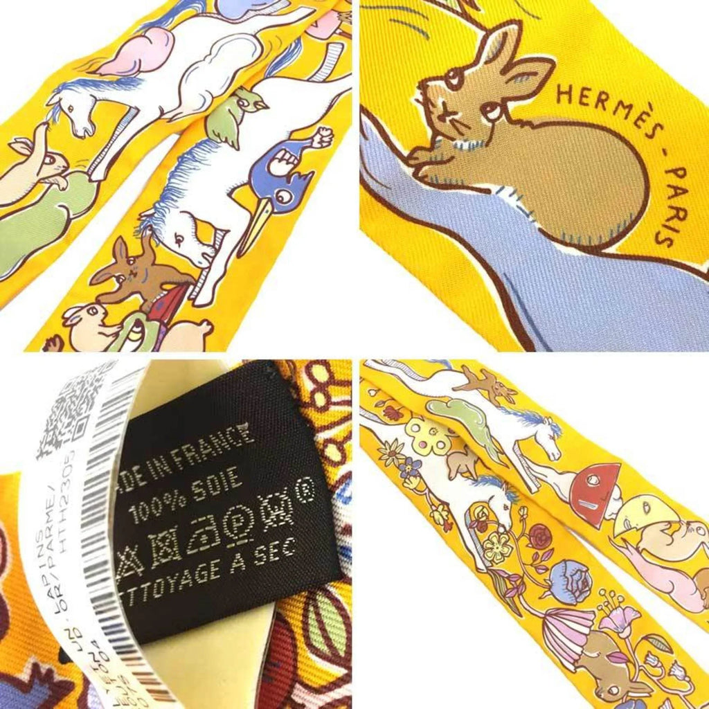 Pre-Owned HERMES Twilly Scarf Muffler Thousand and One Rabbits Mille et Un Lapins 2023 H064007S 04 Bouton D’or/Parm/Beige 100% Silk Hermes (Like New)
