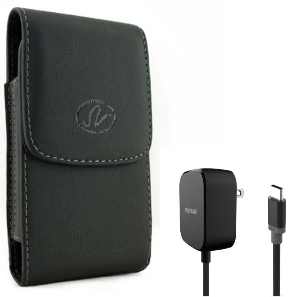 Holster Leather Case Belt Clip w 5ft Long 15W Fast Home Charger for LG V40 ThinQ, V35 ThinQ, Premier Pro Plus (L455DL), G8X ThinQ, Stylo 4 Plus, Harmony 4 - Lively Jitterbug Smart3